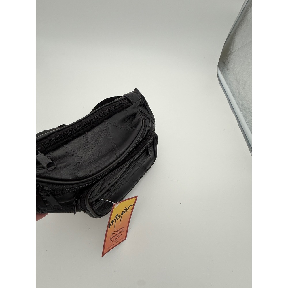 1990s Maxam Genuine Lambskin Leather Fanny Pack Black Multi Pocket Waist Bag NWT - Picture 6 of 14
